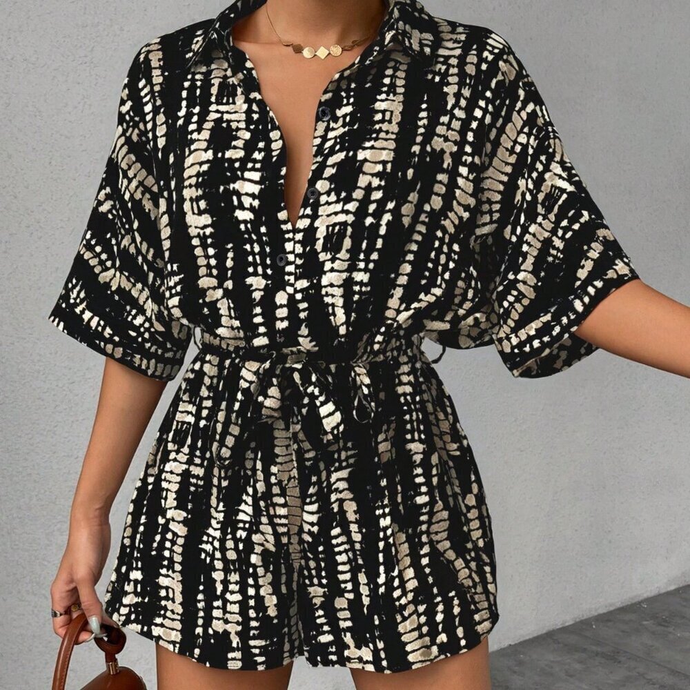 Multicolor Casual Women's Printed Batwing Sleeve Tied Collar romper